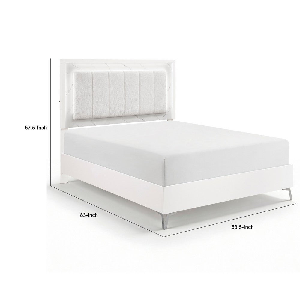 Cyna Queen Size Bed | Chenille Tufted Headboard and LED Lighting | White