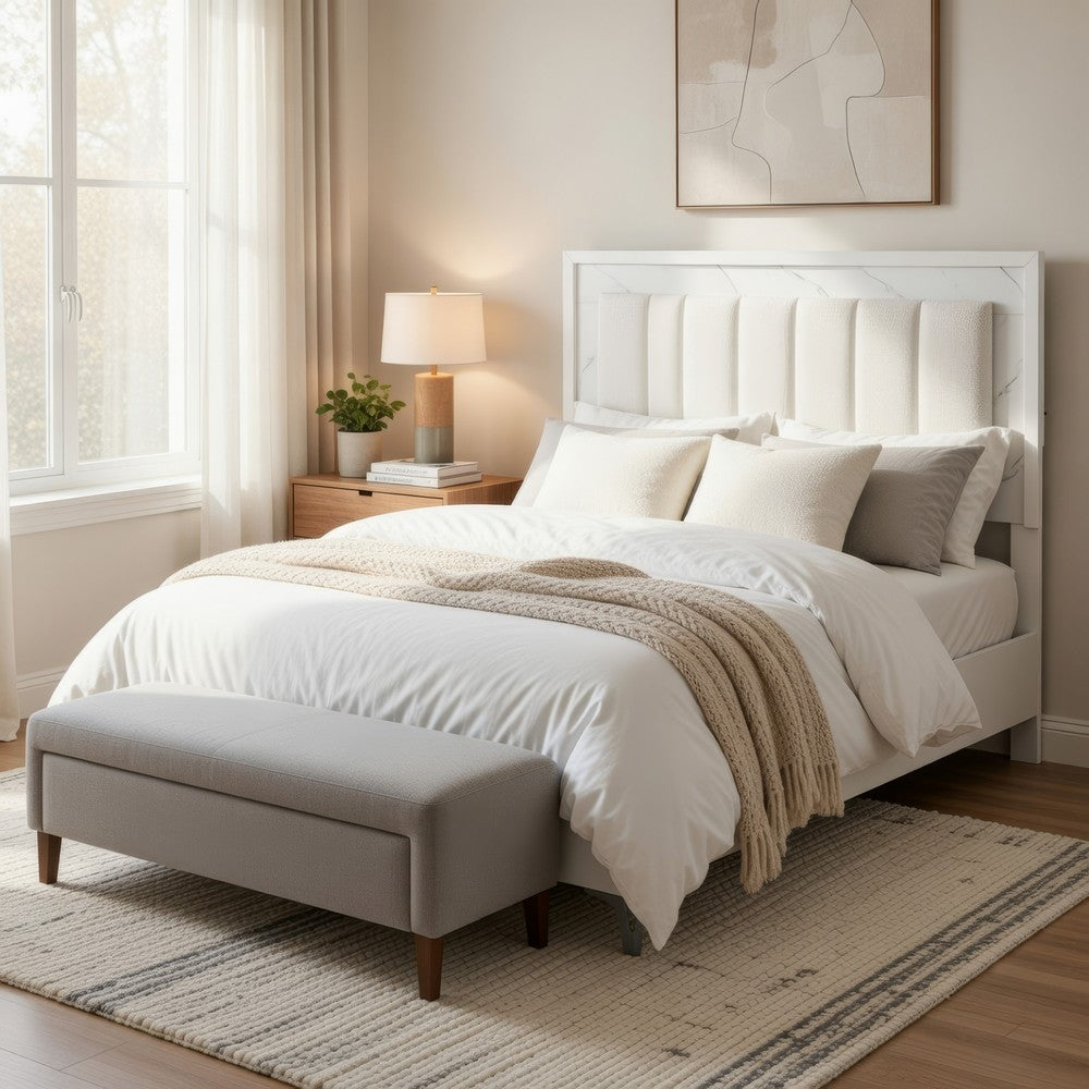 Cyna Queen Size Bed | Chenille Tufted Headboard and LED Lighting | White