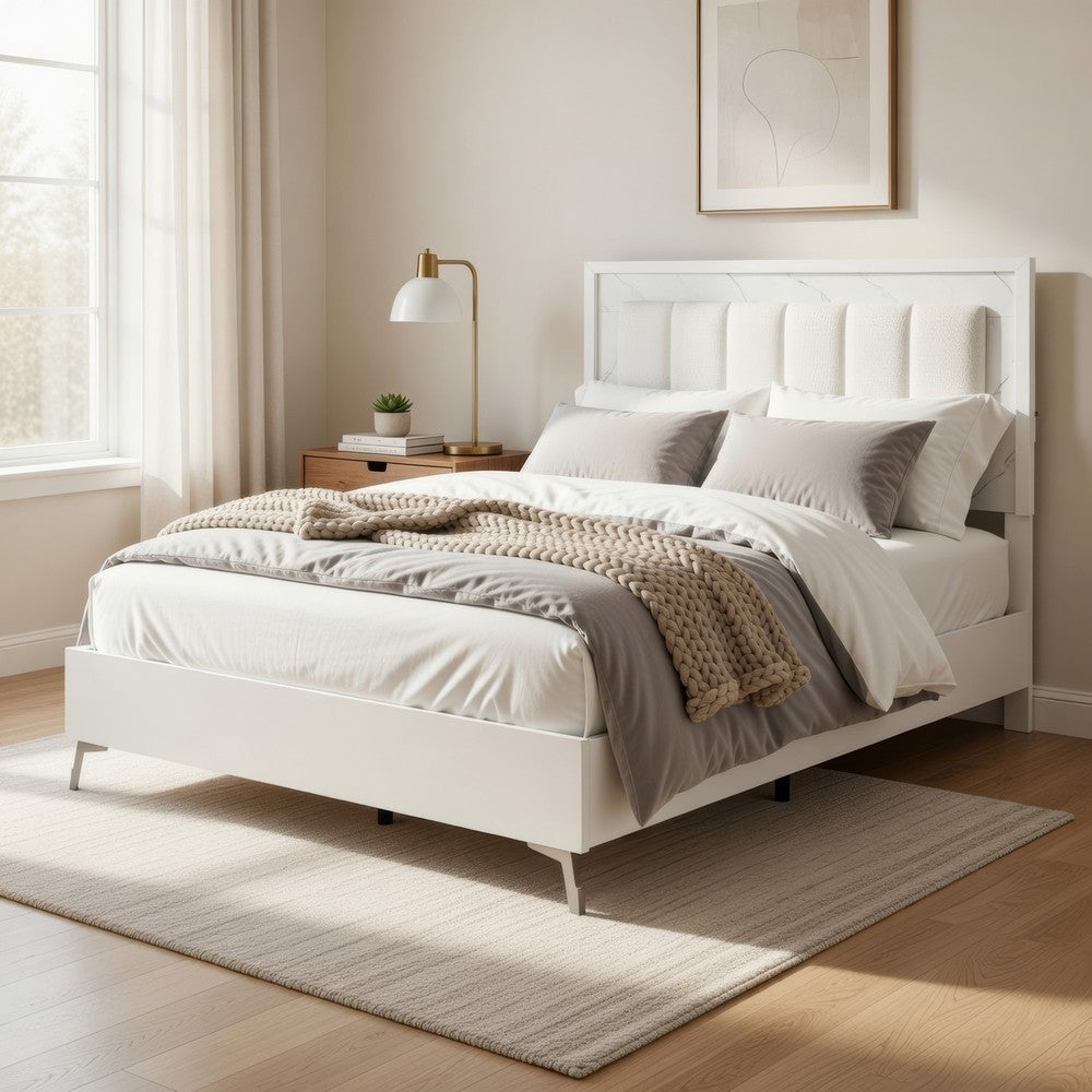Cyna Queen Size Bed | Chenille Tufted Headboard and LED Lighting | White