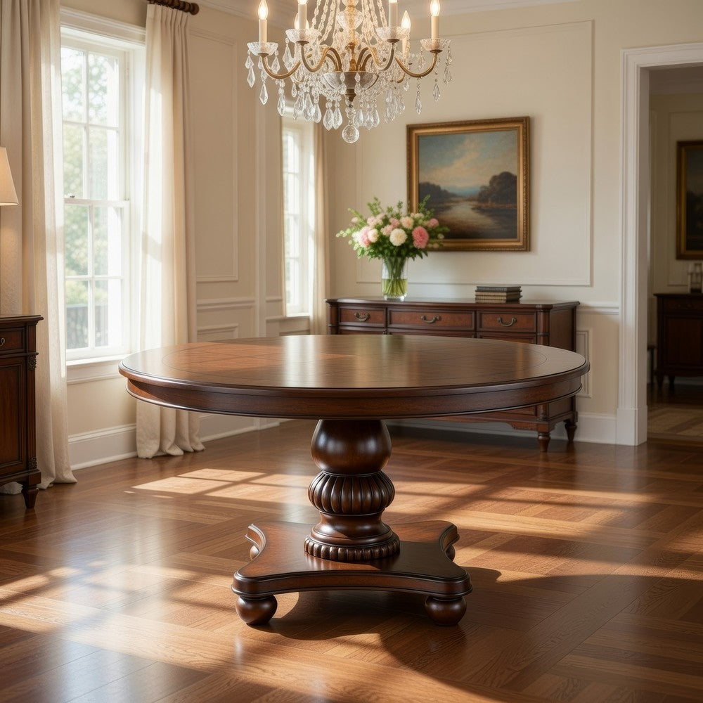 Rion Dining Table | 54" Round Top with Pedestal Base | Cherry Brown