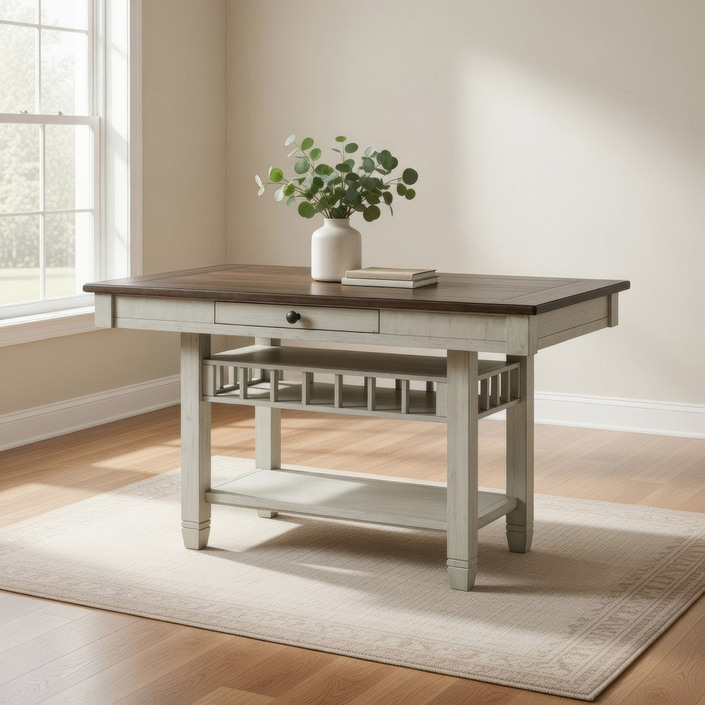 Rome Counter Height Dining Table | 60" Top with Wine Rack | White Brown