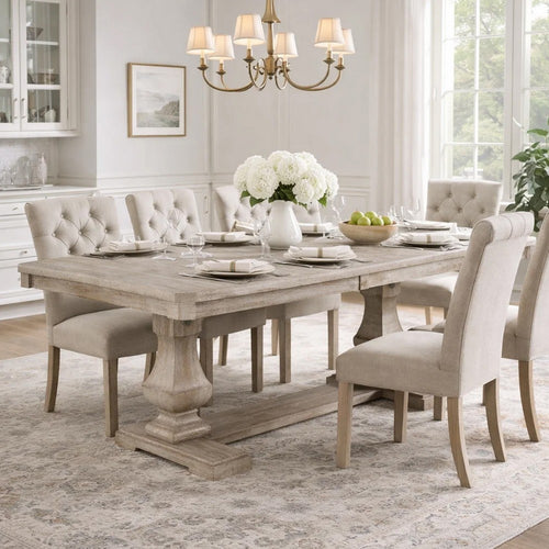 Ruth Dining Table | 77-95" Extendable Top | Brownish Gray Trestle Base
