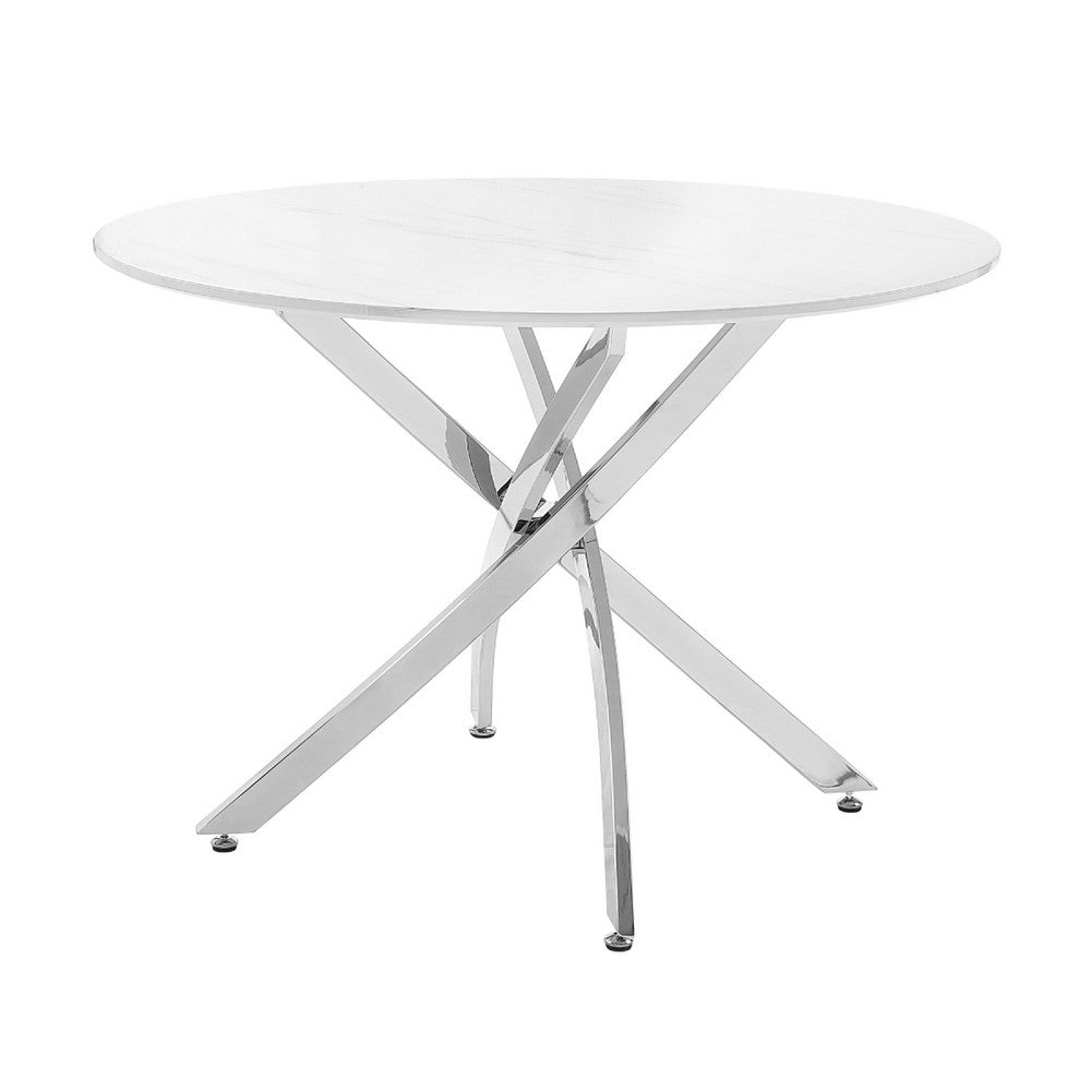 Dew Dining Table | 43" Faux Marble Top | Chrome Cross Legs | White