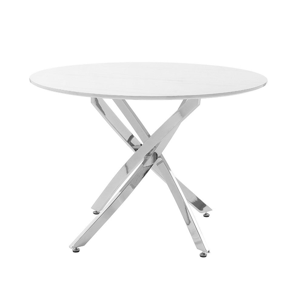 Dew Dining Table | 43" Faux Marble Top | Chrome Cross Legs | White