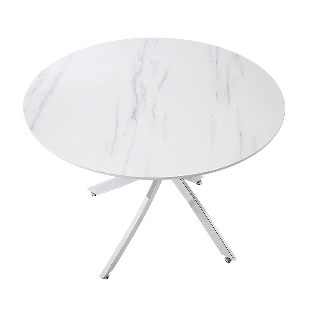 Dew Dining Table | 43" Faux Marble Top | Chrome Cross Legs | White