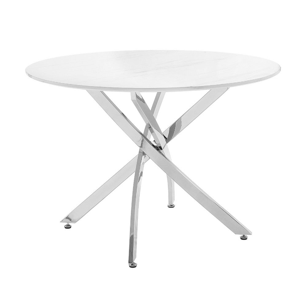 Dew Dining Table | 43" Faux Marble Top | Chrome Cross Legs | White