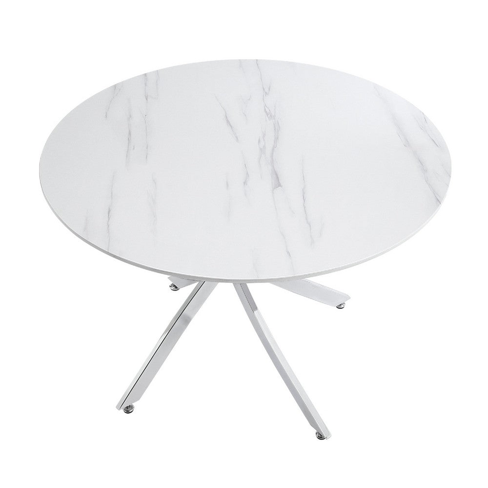 Dew Dining Table | 43" Faux Marble Top | Chrome Cross Legs | White