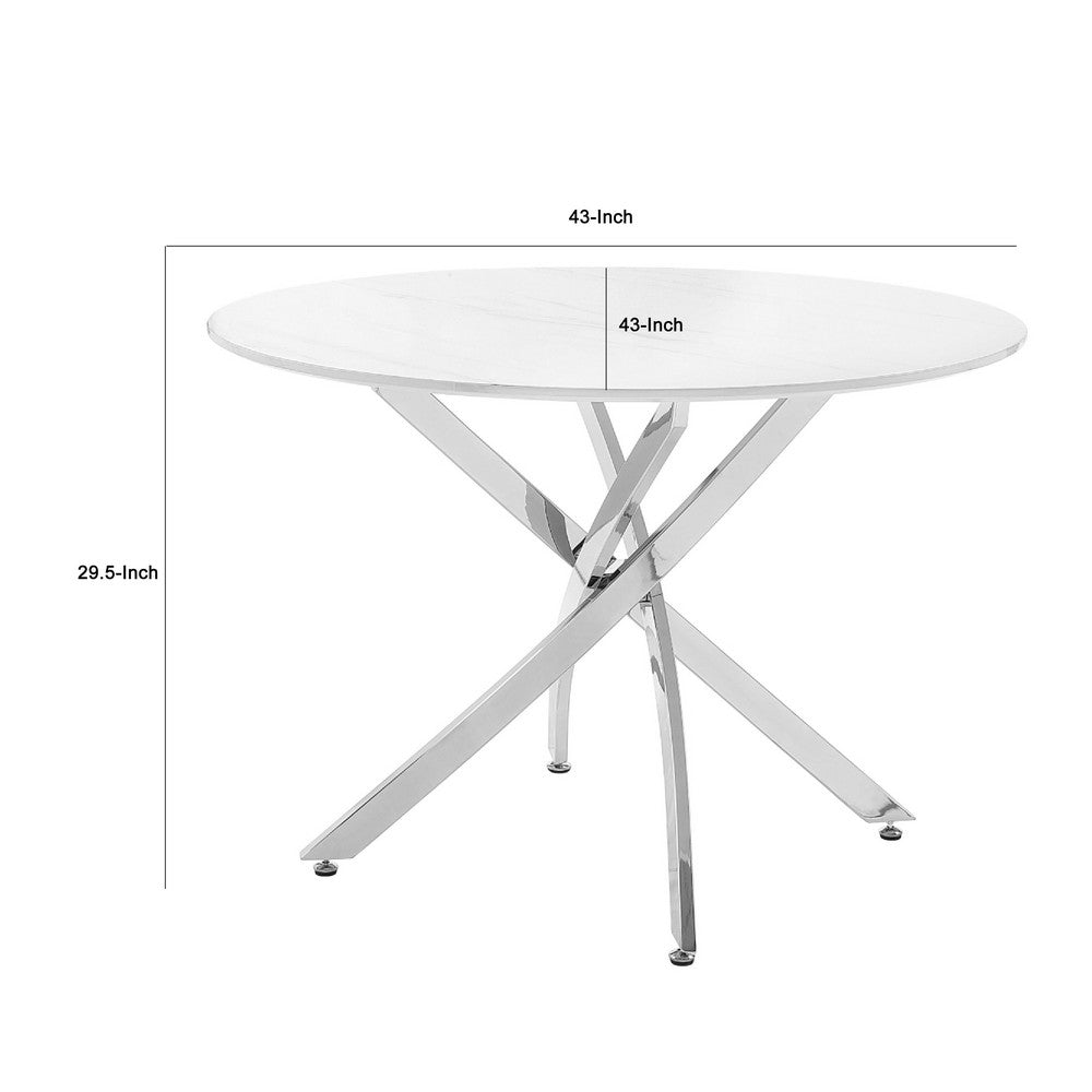 Dew Dining Table | 43" Faux Marble Top | Chrome Cross Legs | White