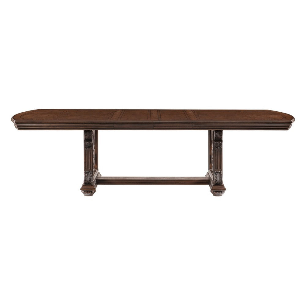 Devi Dining Table | 80-108" Extendable Top | Trestle Base | Oak Brown