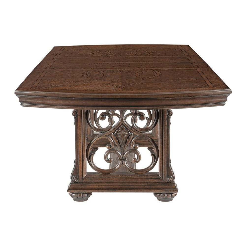 Devi Dining Table | 80-108" Extendable Top | Trestle Base | Oak Brown