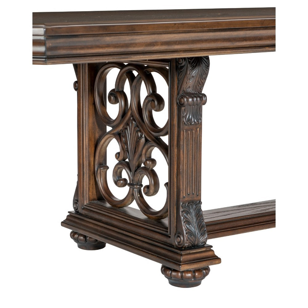 Devi Dining Table | 80-108" Extendable Top | Trestle Base | Oak Brown