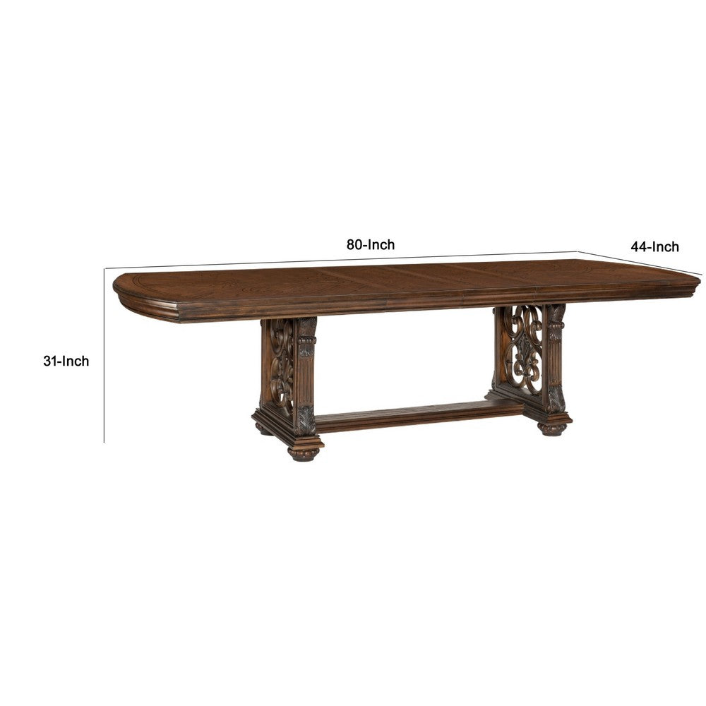Devi Dining Table | 80-108" Extendable Top | Trestle Base | Oak Brown