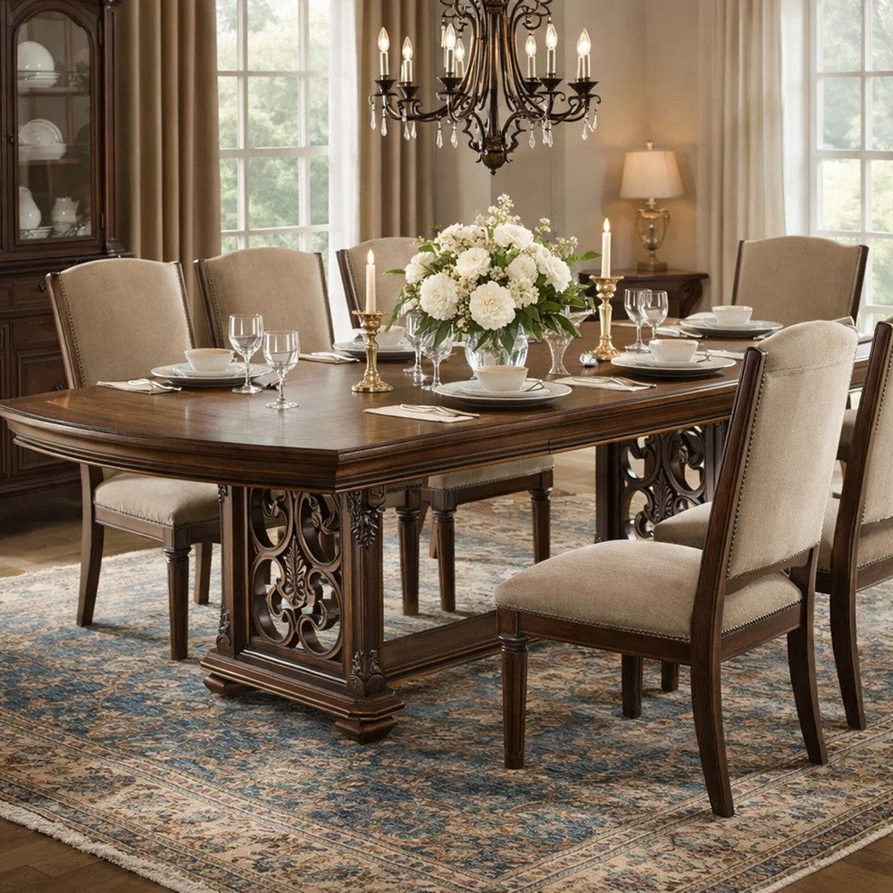 Devi Dining Table | 80-108" Extendable Top | Trestle Base | Oak Brown