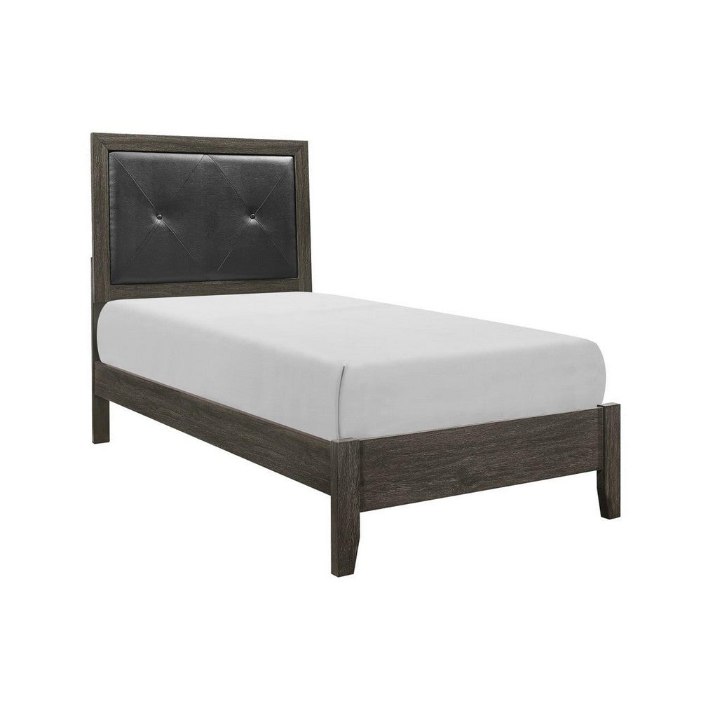 Din Twin Size Bed | Tufted Black Faux Leather Upholstery | Dark Gray