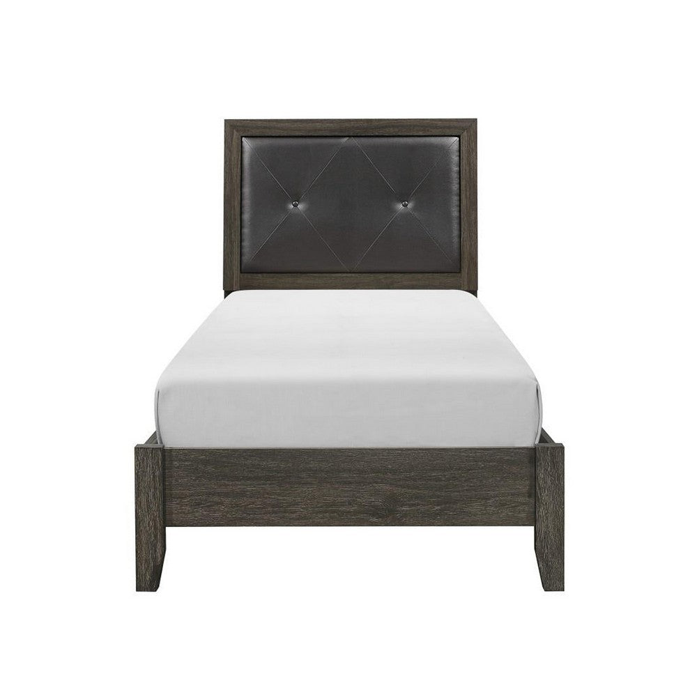Din Twin Size Bed | Tufted Black Faux Leather Upholstery | Dark Gray