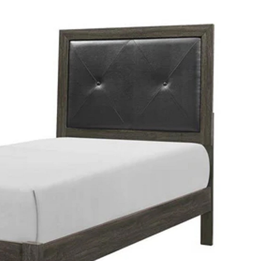 Din Twin Size Bed | Tufted Black Faux Leather Upholstery | Dark Gray