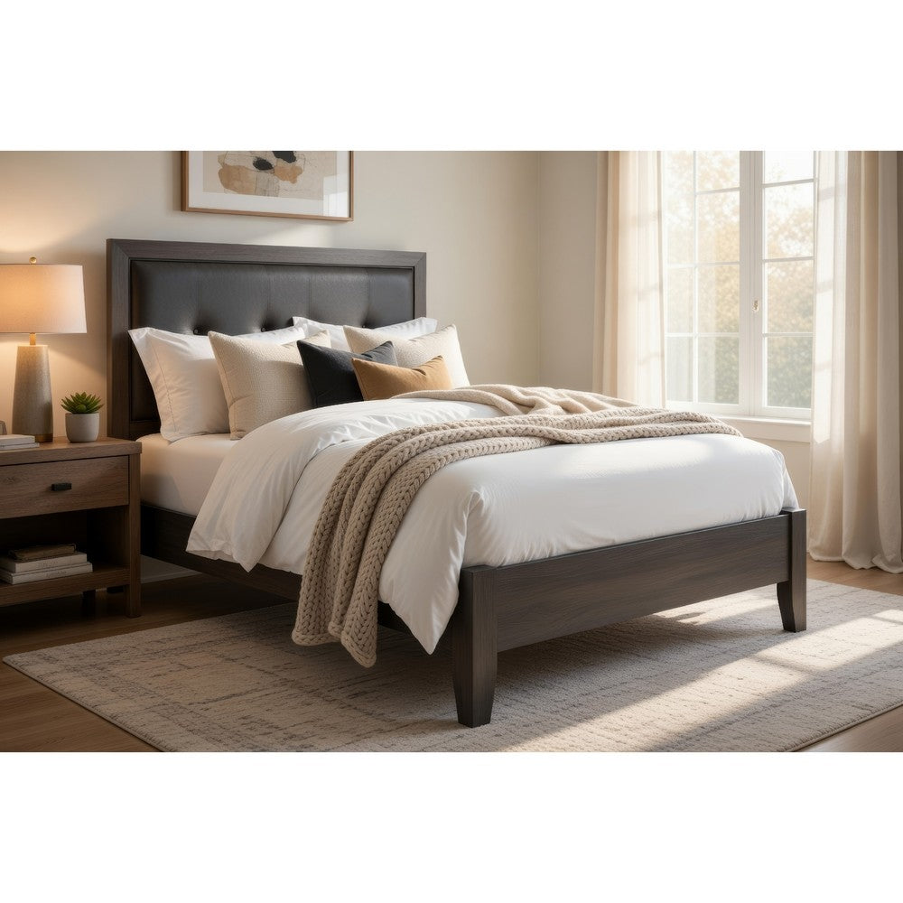 Din Twin Size Bed | Tufted Black Faux Leather Upholstery | Dark Gray
