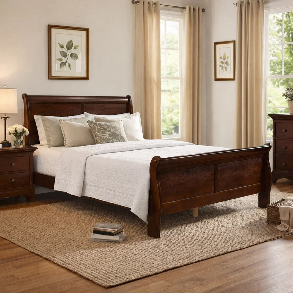 Vele Full Size Sleigh Bed | Louis Philippe Style | Cherry Brown Finish
