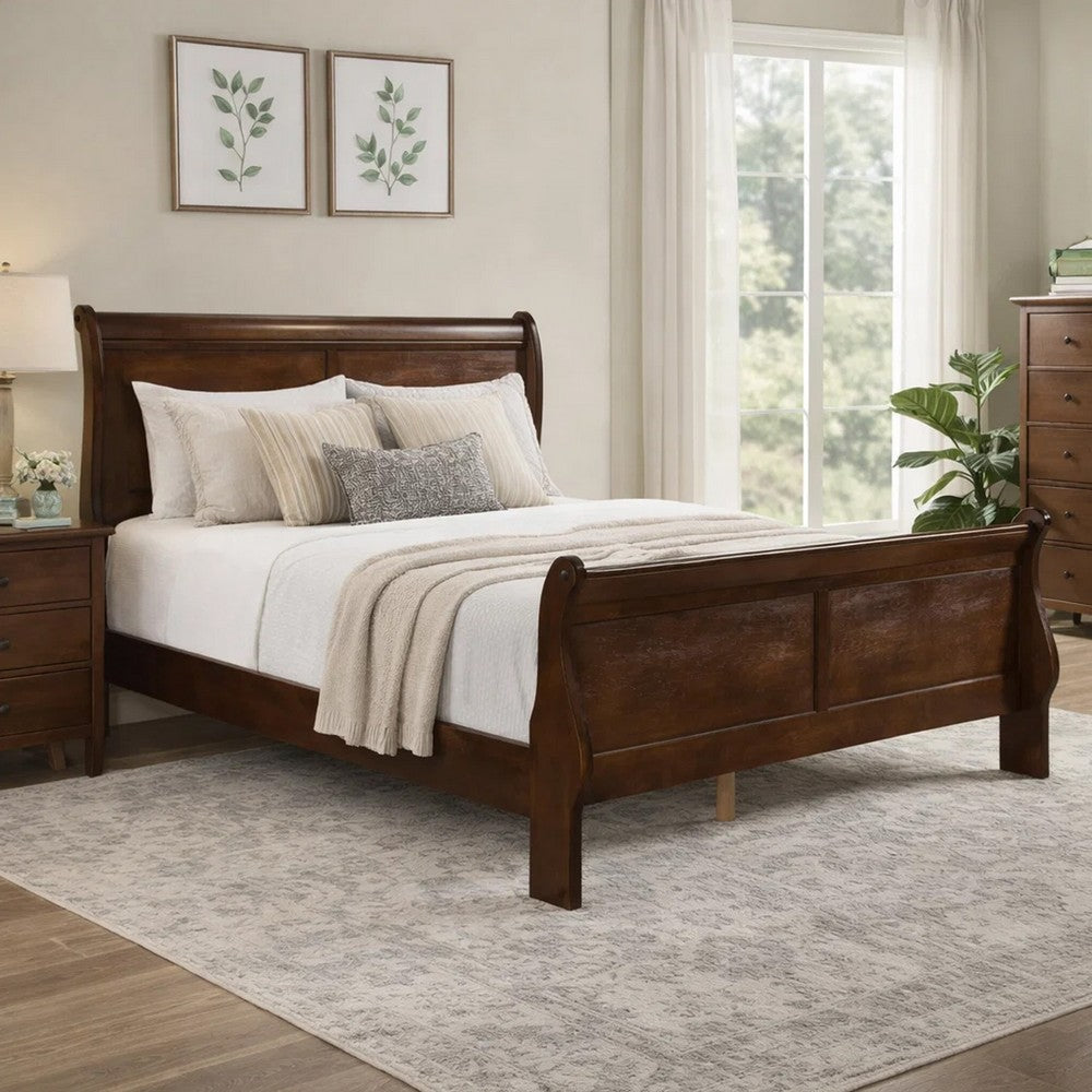 Vele Full Size Sleigh Bed | Louis Philippe Style | Cherry Brown Finish