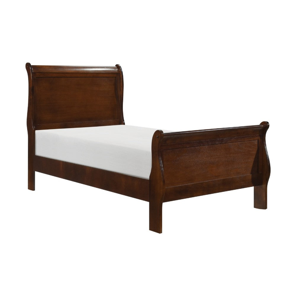 Vele Twin Size Sleigh Bed | Louis Philippe Style | Cherry Brown Finish