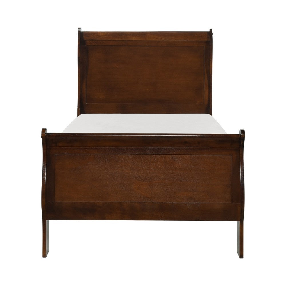 Vele Twin Size Sleigh Bed | Louis Philippe Style | Cherry Brown Finish