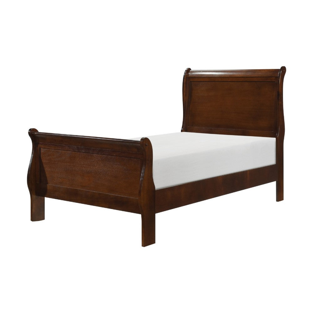 Vele Twin Size Sleigh Bed | Louis Philippe Style | Cherry Brown Finish
