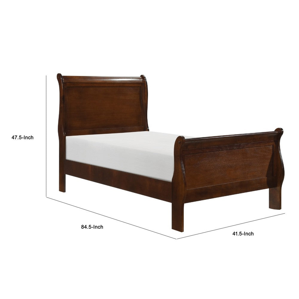 Vele Twin Size Sleigh Bed | Louis Philippe Style | Cherry Brown Finish