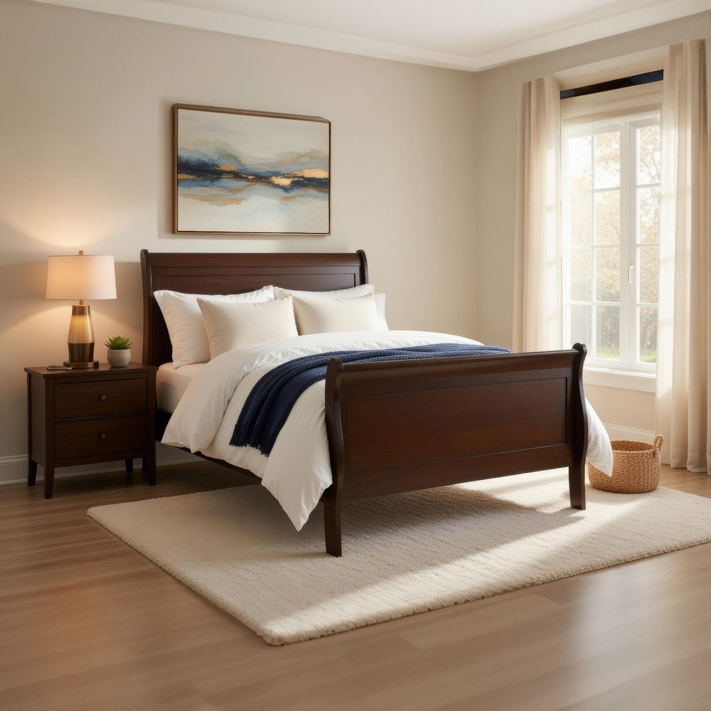 Vele Twin Size Sleigh Bed | Louis Philippe Style | Cherry Brown Finish