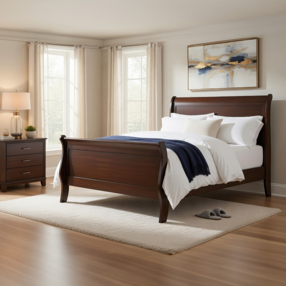 Vele Twin Size Sleigh Bed | Louis Philippe Style | Cherry Brown Finish
