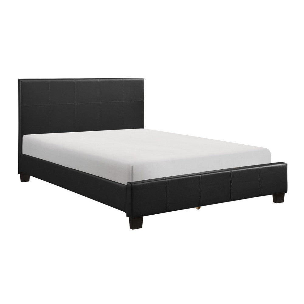 Renz Full Size Bed with Modern Block Panel | Black Faux Leather Upholstery