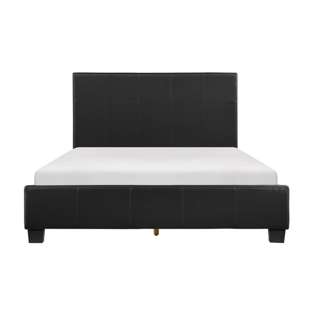 Renz Full Size Bed with Modern Block Panel | Black Faux Leather Upholstery