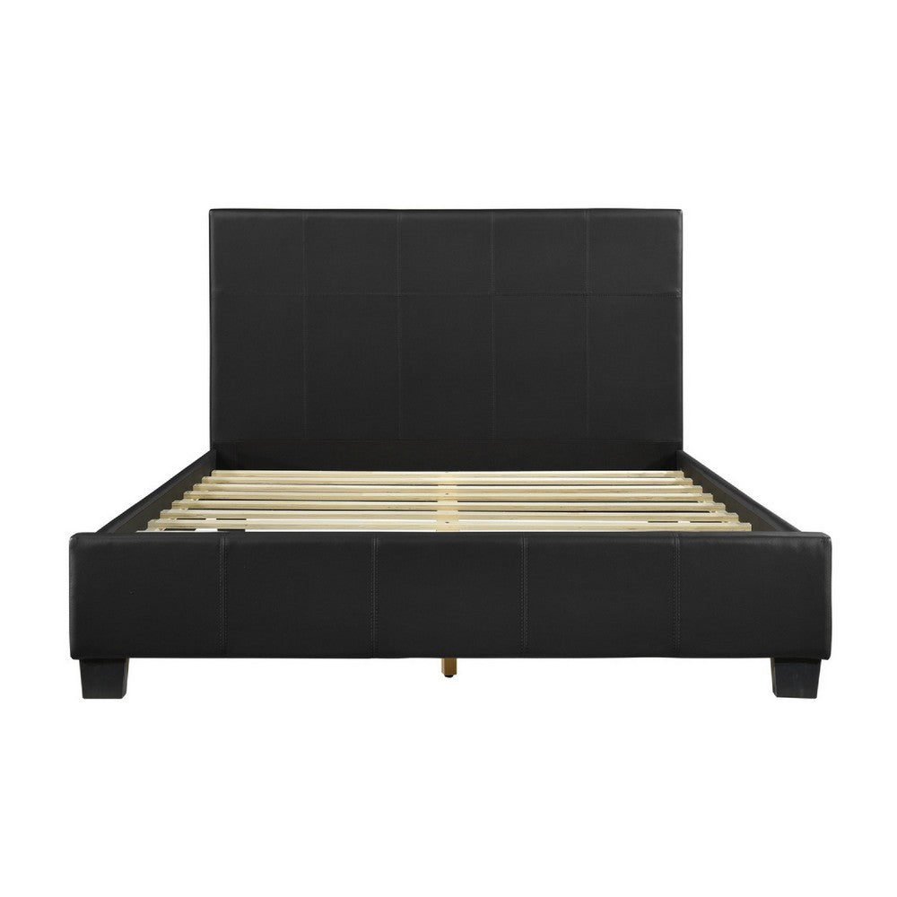 Renz Full Size Bed with Modern Block Panel | Black Faux Leather Upholstery