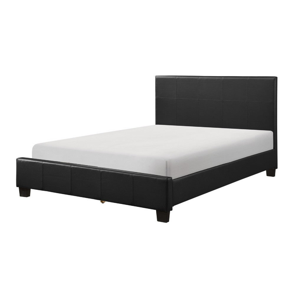 Renz Full Size Bed with Modern Block Panel | Black Faux Leather Upholstery