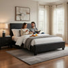 Renz Full Size Bed with Modern Block Panel | Black Faux Leather Upholstery