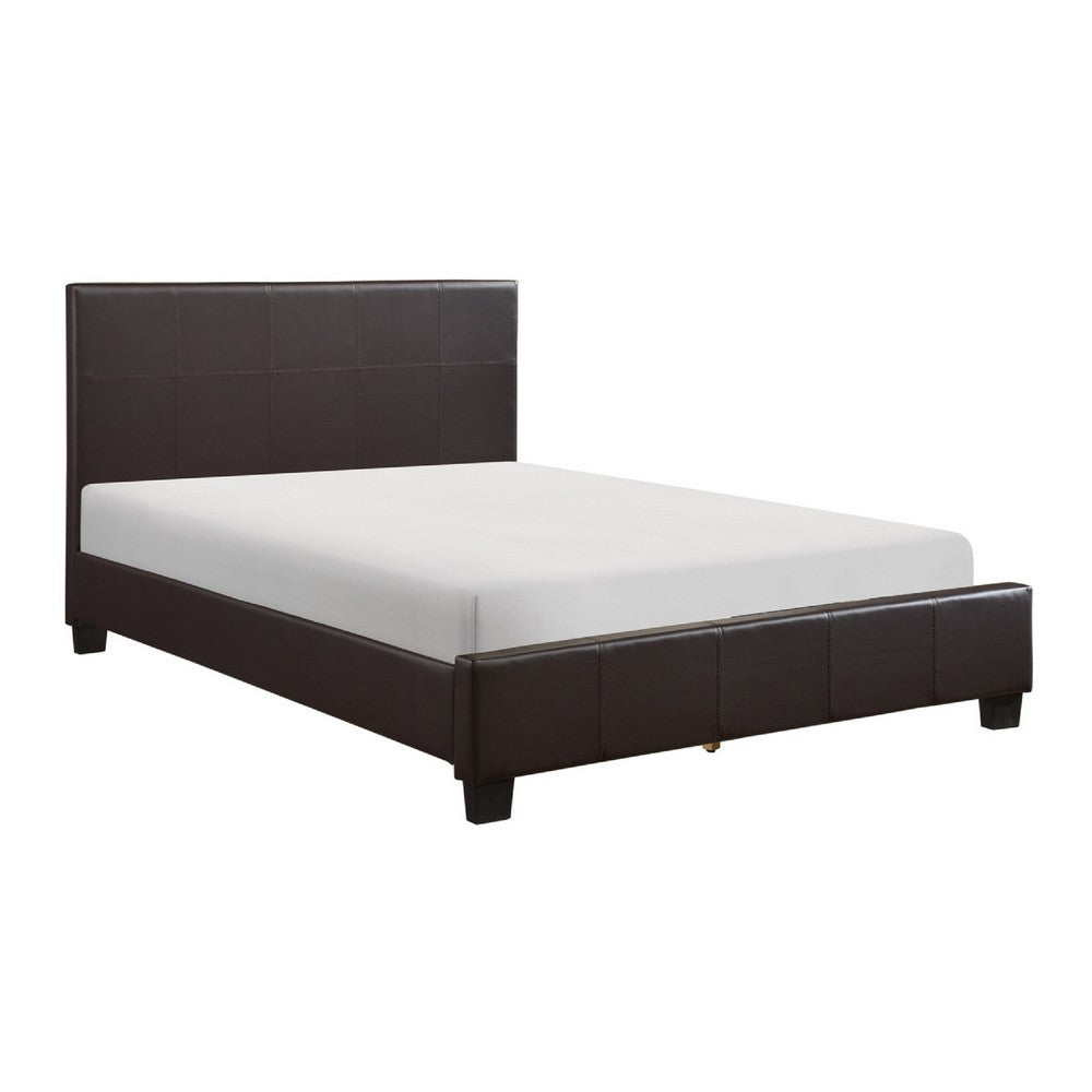 Renz Full Size Bed | Modern Block Panel | Dark Brown Faux Leather Upholstery