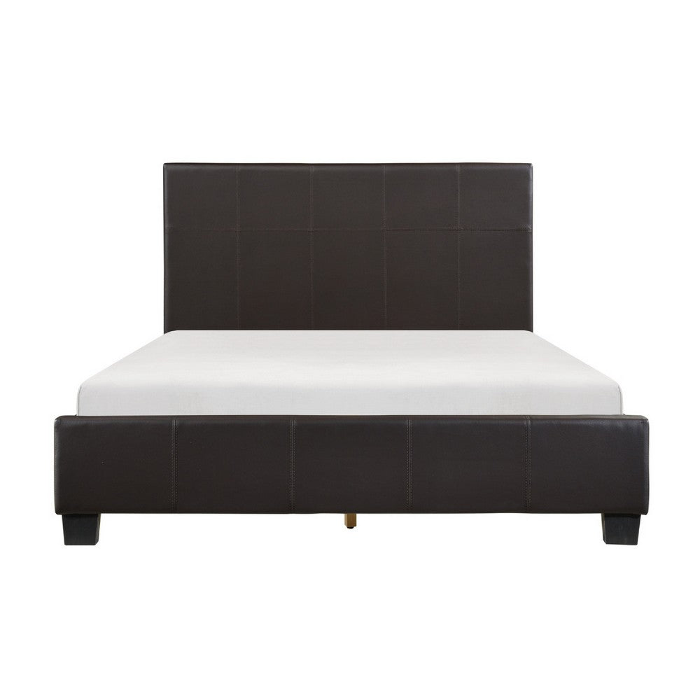 Renz Full Size Bed | Modern Block Panel | Dark Brown Faux Leather Upholstery