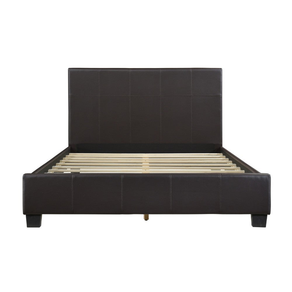 Renz Full Size Bed | Modern Block Panel | Dark Brown Faux Leather Upholstery