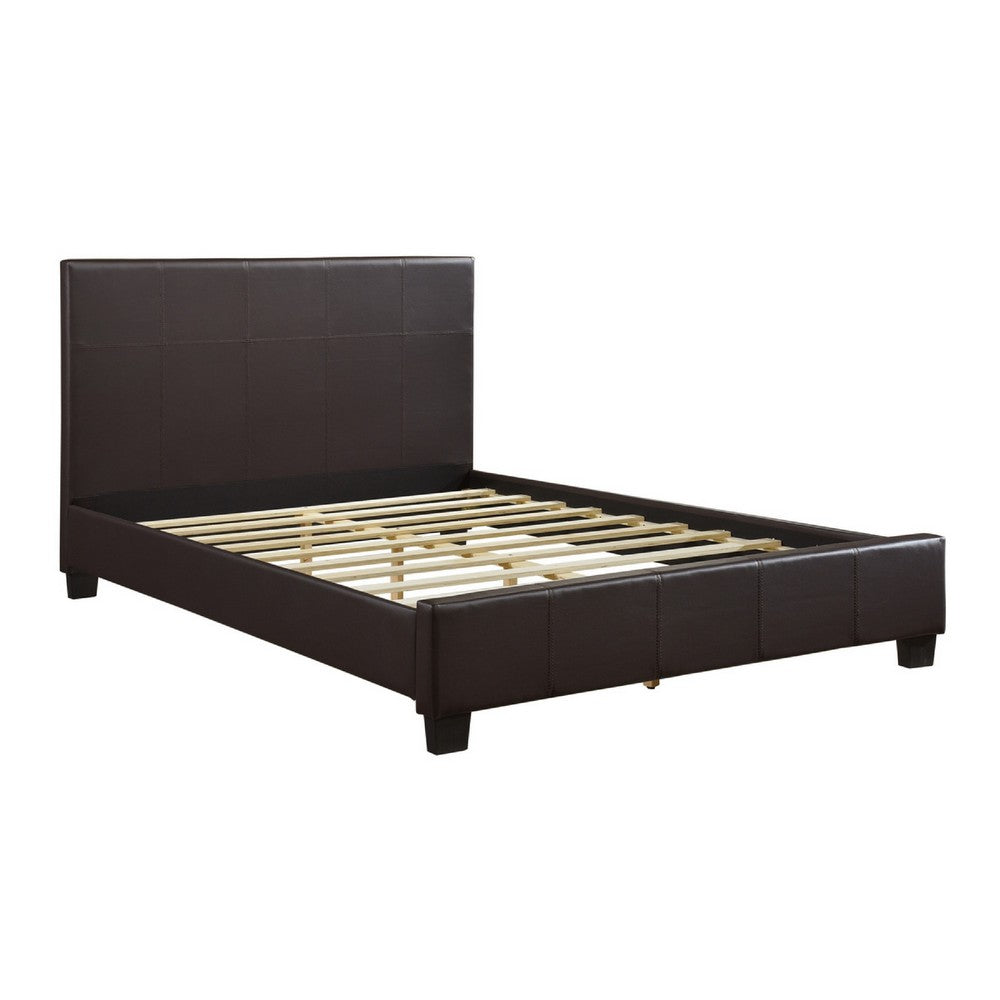 Renz Full Size Bed | Modern Block Panel | Dark Brown Faux Leather Upholstery