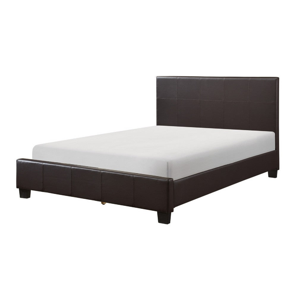 Renz Full Size Bed | Modern Block Panel | Dark Brown Faux Leather Upholstery