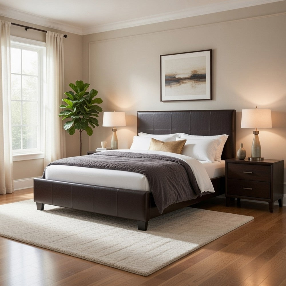 Renz Full Size Bed | Modern Block Panel | Dark Brown Faux Leather Upholstery