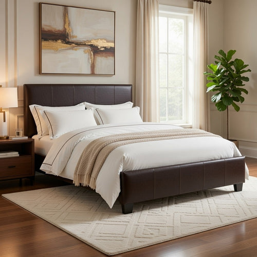 Renz Full Size Bed | Modern Block Panel | Dark Brown Faux Leather Upholstery