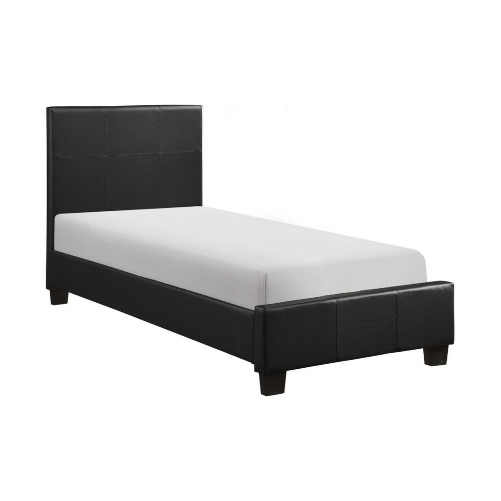 Renz Twin Size Bed with Modern Block Panel | Black Faux Leather Upholstery