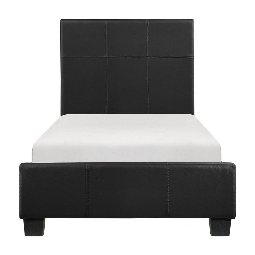 Renz Twin Size Bed with Modern Block Panel | Black Faux Leather Upholstery