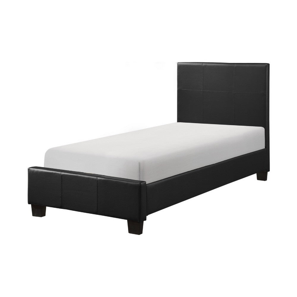 Renz Twin Size Bed with Modern Block Panel | Black Faux Leather Upholstery