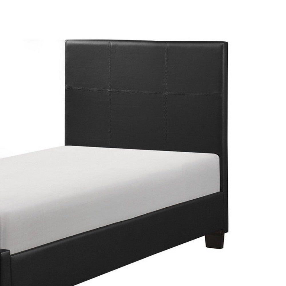 Renz Twin Size Bed with Modern Block Panel | Black Faux Leather Upholstery