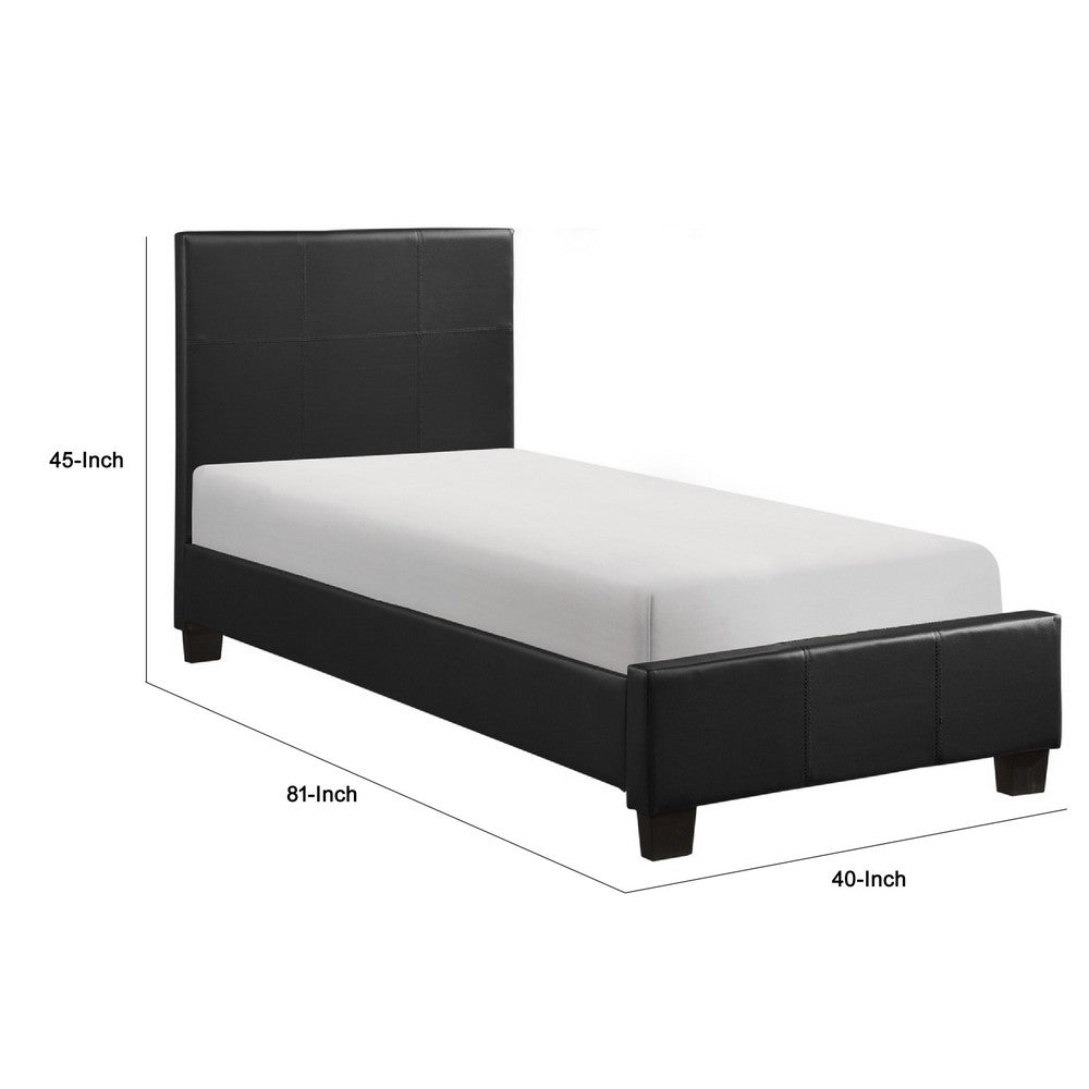 Renz Twin Size Bed with Modern Block Panel | Black Faux Leather Upholstery