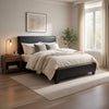 Renz Twin Size Bed with Modern Block Panel | Black Faux Leather Upholstery