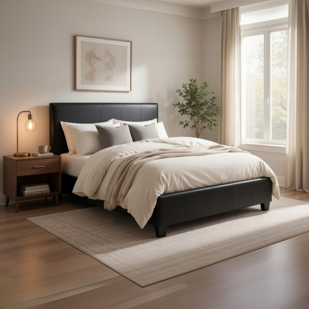 Renz Twin Size Bed with Modern Block Panel | Black Faux Leather Upholstery