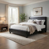 Renz Twin Size Bed with Modern Block Panel | Black Faux Leather Upholstery