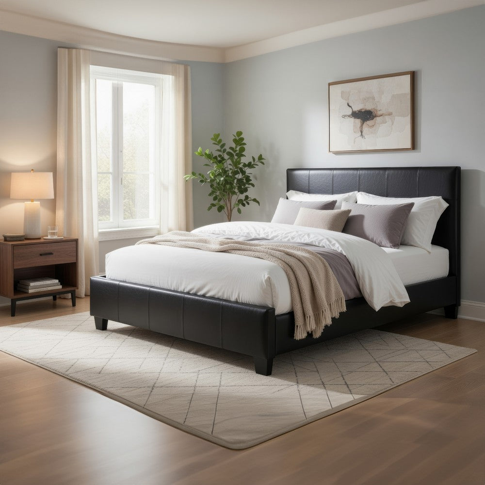 Renz Twin Size Bed with Modern Block Panel | Black Faux Leather Upholstery